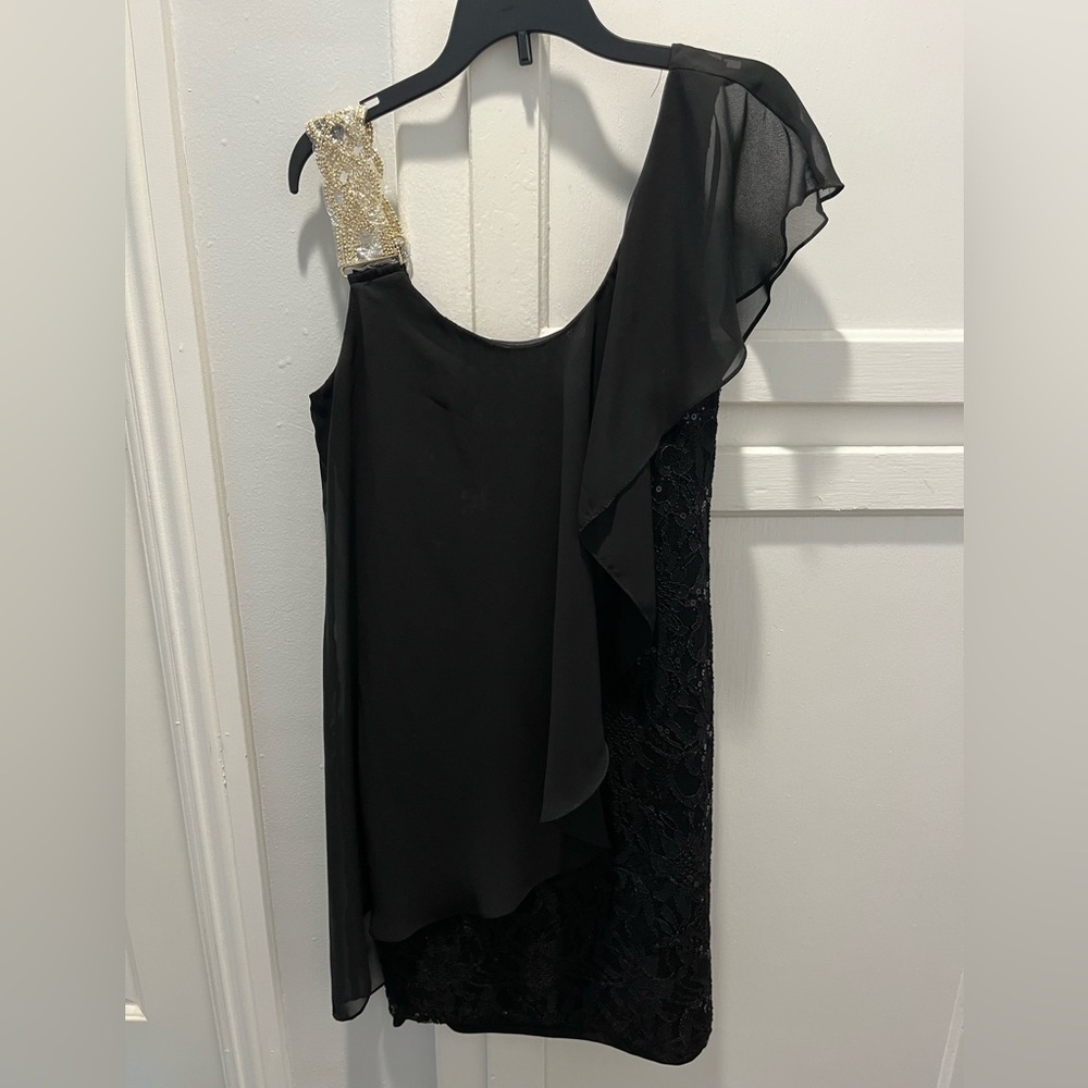 Betsy & Adam Black Asymmetrical Ruffled Sheath Dress